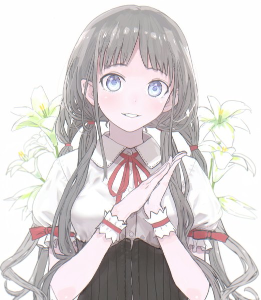 Anime picture 1100x1266 with original jugatukumao single long hair tall image looking at viewer blush fringe blue eyes simple background smile white background parted lips grey hair hands clasped girl flower (flowers) ribbon (ribbons) lily (flower)