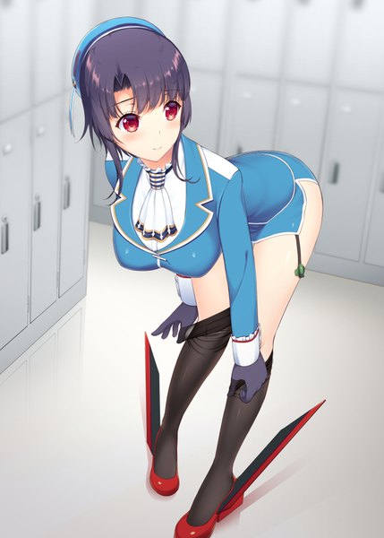 Anime picture 715x1000 with kantai collection takao heavy cruiser asahina hikage single tall image blush fringe short hair light erotic black hair red eyes looking away full body leaning leaning forward locker room girl thighhighs gloves uniform