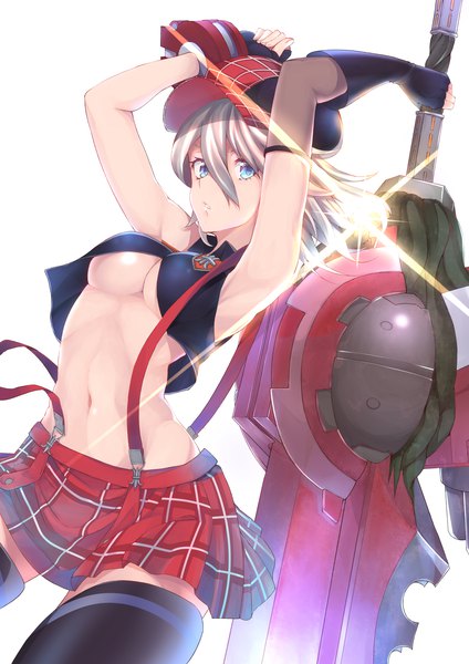 Anime picture 2480x3507 with god eater god eater burst ufotable alisa ilinichina amiella hachiroku (hatirokusann86) single tall image looking at viewer fringe highres short hair breasts blue eyes light erotic simple background hair between eyes white background silver hair no bra arms up