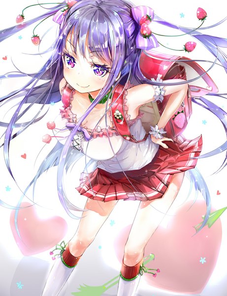 Anime picture 769x1000 with original keepout single long hair tall image blush smile white background purple eyes blue hair girl dress bow hair bow socks food heart white socks berry (berries) strawberry