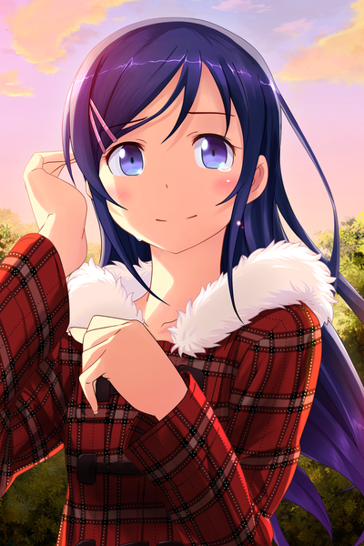 Anime picture 3000x4498 with ore no imouto ga konna ni kawaii wake ga nai aragaki ayase single long hair tall image looking at viewer blush highres blue eyes blue hair tears evening sunset girl hair ornament jacket bobby pin