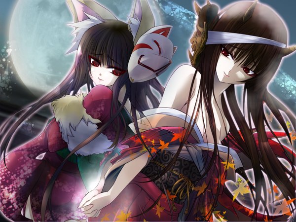 Anime picture 1536x1152 with hana ta long hair black hair smile red eyes multiple girls animal ears japanese clothes looking back horn (horns) girl 2 girls belt kimono leaf (leaves) moon fox mask