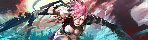 Anime picture 2000x550 with final fantasy final fantasy xiii square enix lightning farron tommasorenieri single long hair highres breasts blue eyes light erotic wide image holding pink hair cleavage light smile wind lips city cityscape