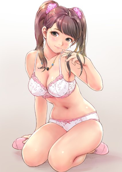 Anime picture 906x1280 with original carina (xiaowoo) single long hair tall image looking at viewer blush light erotic simple background smile brown hair white background sitting twintails bare shoulders brown eyes bent knee (knees) bare belly bare legs no shoes