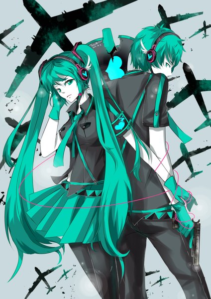 Anime picture 2480x3507 with vocaloid koi wa sensou (vocaloid) hatsune miku hatsune mikuo teto-shia923 (artist) long hair tall image highres short hair twintails absurdres looking back aqua eyes aqua hair back to back girl boy skirt gloves necktie