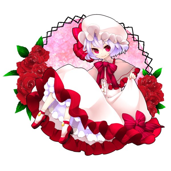 Anime picture 1500x1500 with touhou remilia scarlet yutazou single short hair simple background red eyes white background purple hair girl dress flower (flowers) bonnet