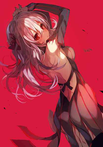 Anime picture 700x1000 with fate (series) fate/stay night type-moon matou sakura dark sakura sorolp single long hair tall image looking at viewer blush fringe breasts light erotic simple background red eyes signed purple hair ass head tilt