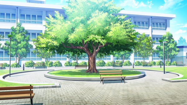 Anime picture 2050x1153 with love la bride highres wide image game cg cloud (clouds) no people plant (plants) tree (trees) bench
