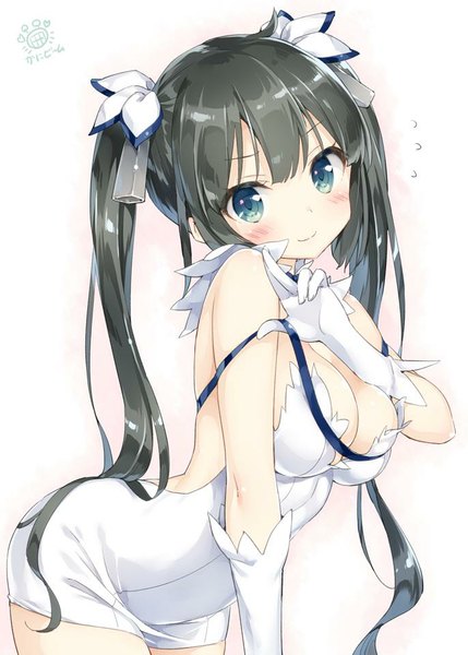 Anime picture 686x960 with dungeon ni deai wo motomeru no wa machigatteiru darou ka j.c. staff hestia (danmachi) kani biimu single long hair tall image looking at viewer blush fringe breasts light erotic black hair large breasts white background twintails signed cleavage head tilt aqua eyes