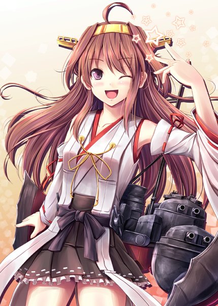 Anime picture 772x1080 with kantai collection kongou battleship akashio (loli ace) single long hair tall image looking at viewer open mouth brown hair purple eyes ahoge one eye closed wink nontraditional miko girl skirt ribbon (ribbons) weapon detached sleeves hairband