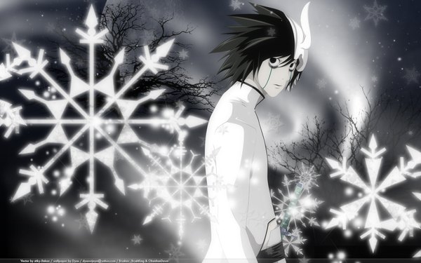 Anime picture 1920x1200 with bleach death note studio pierrot madhouse ulquiorra schiffer l (death note) dyuu looking at viewer highres short hair black hair wide image signed night monochrome winter cosplay bare tree espada ulquiorra schiffer (cosplay)