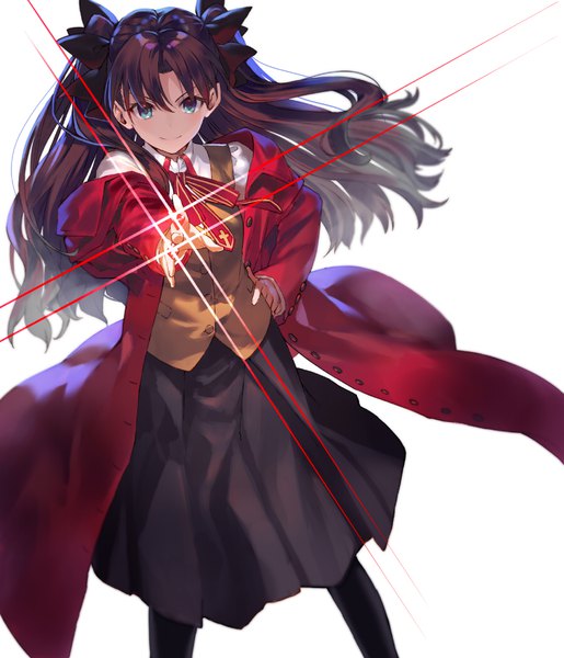 Anime picture 896x1043 with fate (series) fate/stay night toosaka rin shirabi single long hair tall image looking at viewer fringe black hair simple background smile hair between eyes standing white background long sleeves aqua eyes open clothes two side up hand on hip