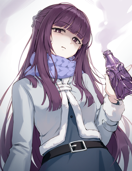 Anime picture 2520x3276 with sousou no frieren fern (sousou no frieren) luzzi (milllim) single long hair tall image looking at viewer fringe highres purple eyes holding purple hair upper body blunt bangs head tilt smoke half updo girl belt scarf