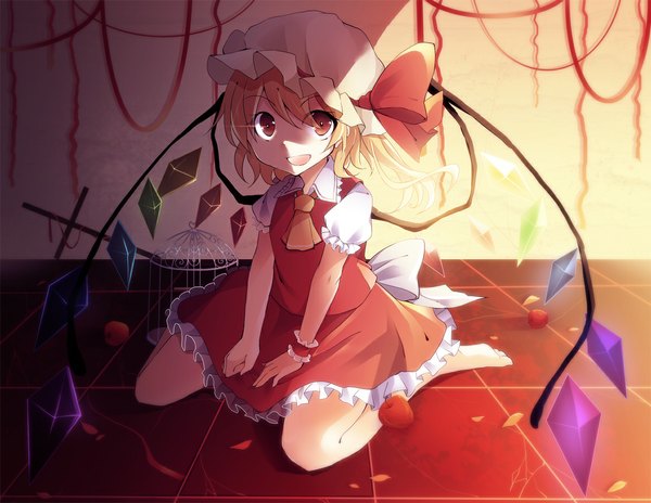 Anime picture 1166x903 with touhou flandre scarlet kyuuran (artist) short hair open mouth blonde hair red eyes sitting barefoot girl dress skirt petals wings bonnet skirt set crystal apple