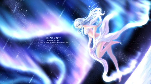 Anime picture 1280x711 with original myhilary single long hair blue eyes smile wide image white hair inscription night sky light shooting star aurora borealis girl star (stars)