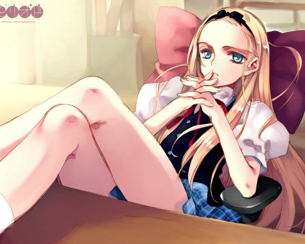 Anime picture 1280x1024 with period littlewitch kawasaki yukina oyari ashito single long hair blue eyes light erotic blonde hair sitting looking away loli copyright name crossed legs interlocked fingers girl uniform bow hair bow school uniform