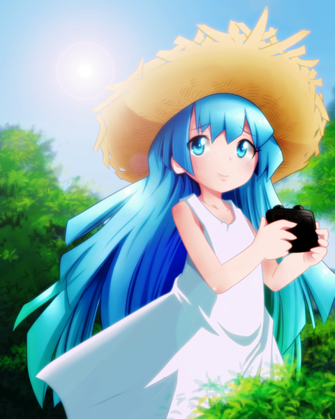 Anime picture 1000x1251 with shaman king xebec pirika usui hao-hime single long hair tall image blue eyes smile blue hair sky sunlight loli coloring girl dress plant (plants) hat tree (trees) white dress