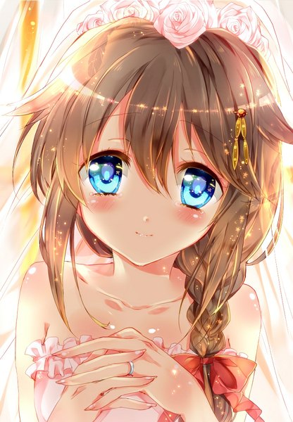 Anime picture 800x1154 with kantai collection shigure destroyer bariko single long hair tall image looking at viewer blush blue eyes smile brown hair bare shoulders braid (braids) single braid close-up remodel (kantai collection) wedding girl dress hair ornament