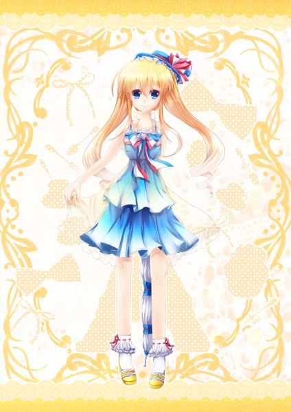 Anime picture 1000x1414 with original nakayama shumo single long hair tall image looking at viewer blue eyes blonde hair smile twintails bare shoulders hands behind back closed umbrella girl dress skirt ribbon (ribbons) hat umbrella