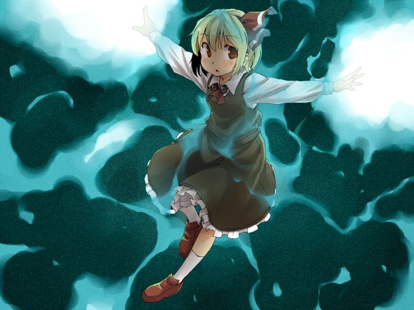 Anime picture 1280x960 with touhou rumia yudepii single blush short hair open mouth blonde hair red eyes girl bow ribbon (ribbons) hair bow hair ribbon socks white socks spell card