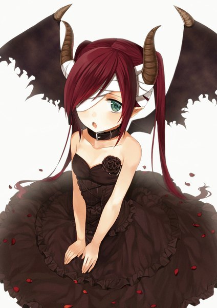 Anime picture 566x800 with original midorikawa you single long hair tall image looking at viewer blush open mouth simple background white background sitting twintails bare shoulders green eyes red hair horn (horns) from above pointy ears bandage over one eye girl