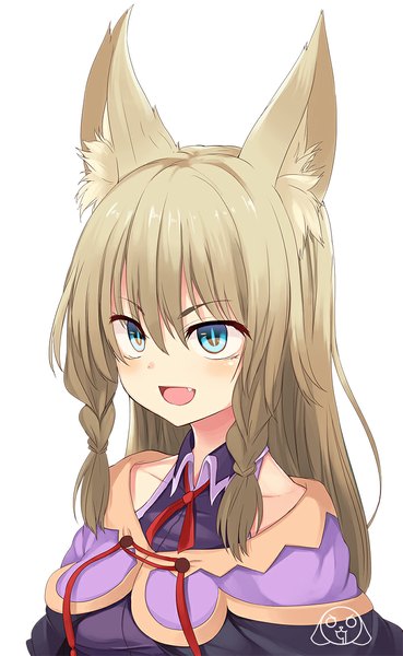 Anime picture 700x1136 with original mahcdai single long hair tall image blush fringe breasts open mouth smile brown hair animal ears looking away aqua eyes fang (fangs) fox ears girl