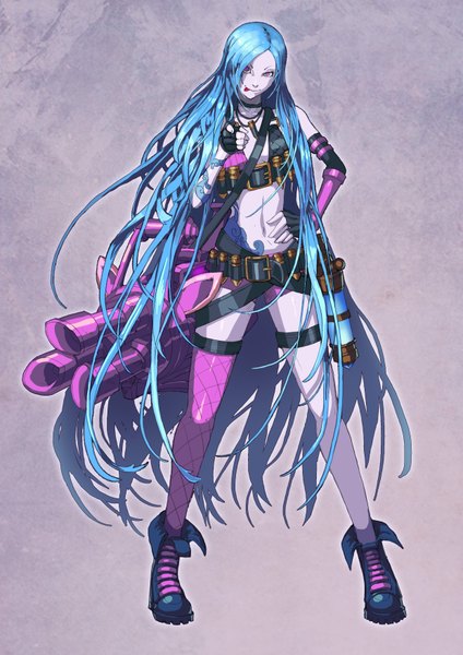 Anime picture 2480x3508 with league of legends jinx (league of legends) tagme (artist) single tall image looking at viewer highres purple eyes blue hair very long hair hand on hip girl thighhighs gloves navel weapon belt tongue fingerless gloves gun