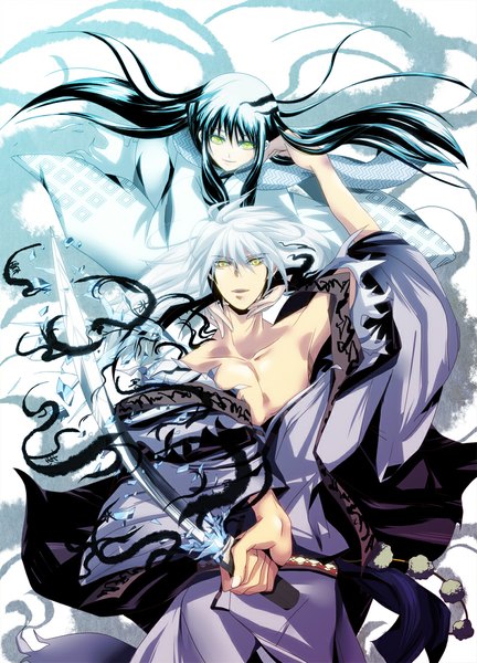 Anime picture 800x1111 with nurarihyon no mago nura rikuo yuki onna (nurarihyon no mago) oikawa tsurara tom (nightforest2940) long hair tall image looking at viewer fringe breasts black hair bare shoulders green eyes yellow eyes blue hair white hair long sleeves traditional clothes japanese clothes multicolored hair