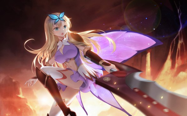 Anime picture 1920x1200 with boku wa tomodachi ga sukunai kashiwazaki sena yijian ma single long hair highres breasts open mouth blue eyes blonde hair dark background insect wings butterfly wings girl thighhighs hair ornament weapon white thighhighs sword wings
