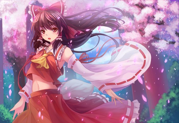 Anime picture 2200x1512 with touhou hakurei reimu youxuemingdie single long hair looking at viewer blush highres open mouth red eyes brown hair traditional clothes cherry blossoms miko girl skirt navel bow plant (plants) hair bow
