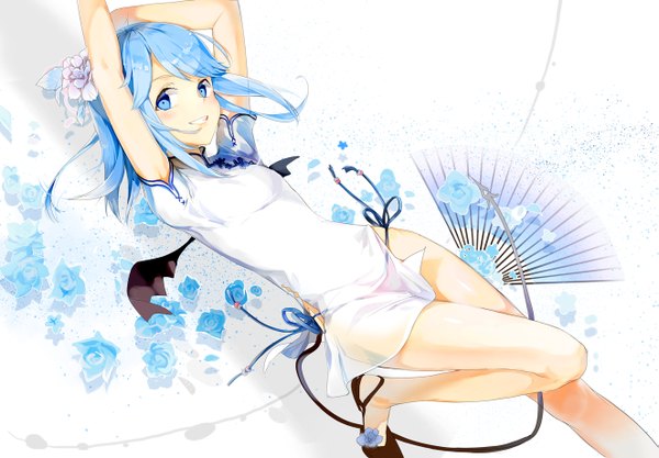 Anime picture 1323x920 with original anmi single looking at viewer short hair blue eyes smile blue hair lying hair flower arms up grin chinese clothes bat wings transparent girl hair ornament underwear panties flower (flowers)