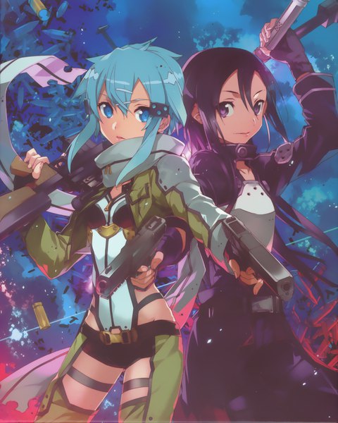 Anime picture 1675x2095 with sword art online a-1 pictures kirigaya kazuto asada shino abec tall image looking at viewer fringe breasts blue eyes black hair hair between eyes standing purple eyes holding payot blue hair purple hair upper body parted lips