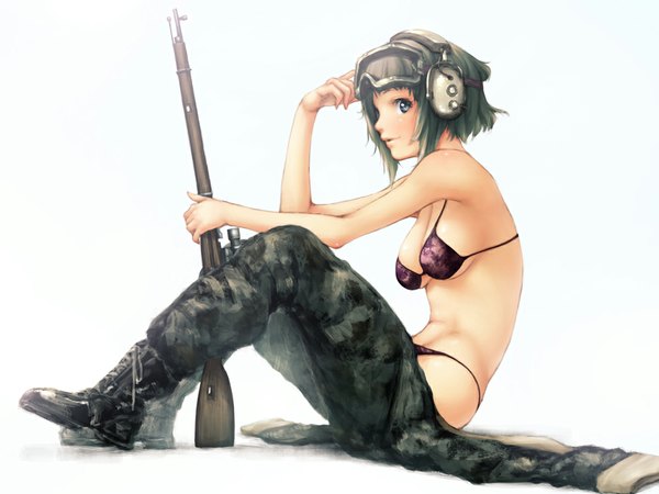 Anime picture 1000x750 with vocaloid gumi f-cla single blush short hair blue eyes light erotic simple background white background sitting green hair goggles on head girl uniform weapon swimsuit bikini boots headphones