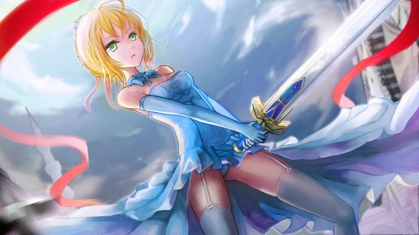 Anime picture 1900x1068 with fate (series) fate/stay night type-moon artoria pendragon (all) saber wangchuan de quanyan single highres light erotic blonde hair wide image bare shoulders green eyes girl thighhighs dress gloves underwear panties weapon