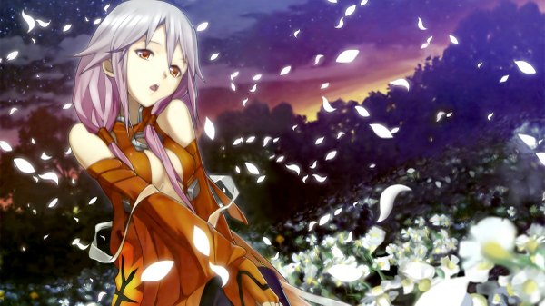 Anime picture 1200x675 with guilty crown production i.g yuzuriha inori single long hair open mouth red eyes wide image bare shoulders pink hair girl flower (flowers) detached sleeves petals