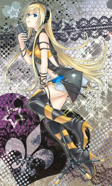 Anime picture 1080x1800 with vocaloid lily (vocaloid) long hair tall image blue eyes blonde hair girl thigh boots microphone