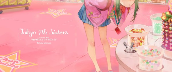 Anime picture 1200x500 with tokyo 7th sisters serizawa momoka ekao single long hair wide image green hair leaning leaning forward copyright name character names pink background head out of frame hands in pockets girl food sweets star (symbol) mobile phone candy
