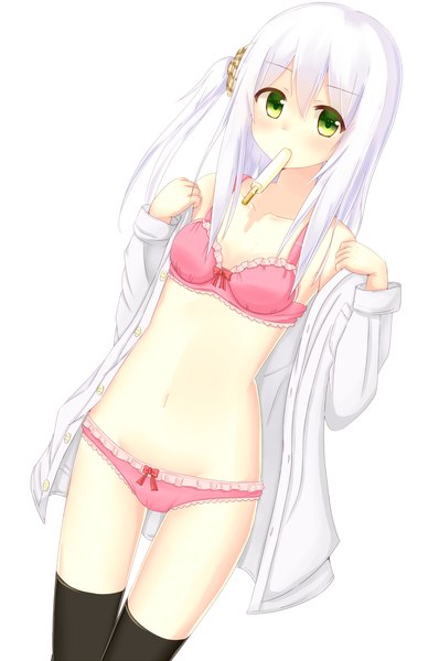 Anime picture 1200x1808 with original mitoko (tsuchikure) tsuchikure (3105mitoko) single long hair tall image blush light erotic simple background white background green eyes white hair open clothes open shirt underwear only girl thighhighs navel underwear panties