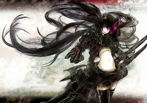 Anime picture 1169x827 with black rock shooter black rock shooter (character) insane black rock shooter akaitera long hair black hair twintails very long hair heterochromia glowing glowing eye (eyes) girl thighhighs weapon black thighhighs armor stitches