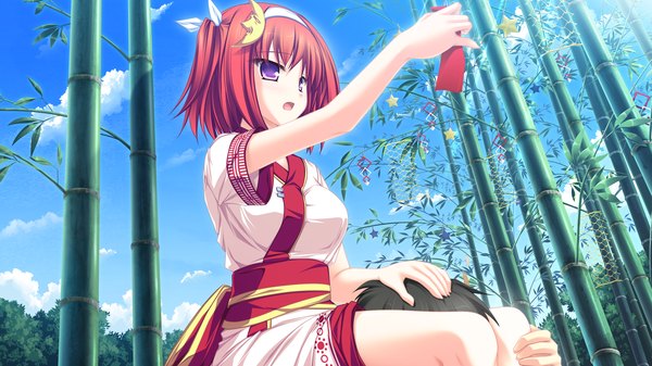 Anime picture 1920x1080 with maikaze no melt tsubaki nazuna tenmaso highres short hair open mouth wide image purple eyes game cg red hair tanabata girl plant (plants) bamboo