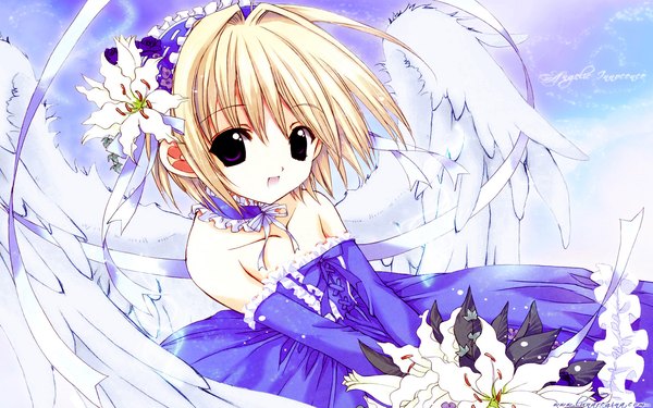 Anime picture 1920x1200 with kishou seireiki nanase aoi single highres short hair blonde hair wide image signed hair flower angel wings angel girl dress hair ornament flower (flowers) wings