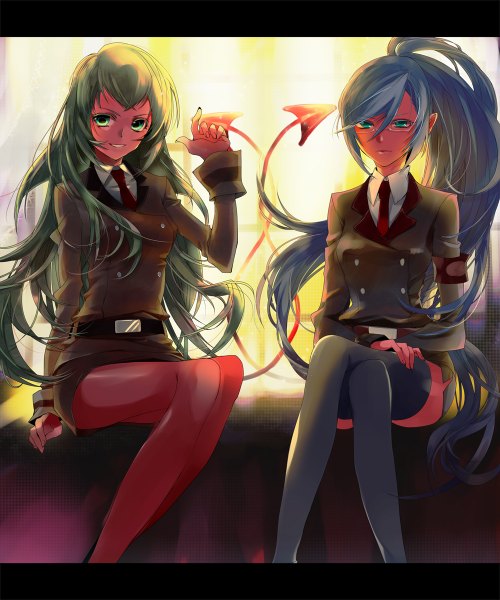 Anime picture 1000x1200 with panty & stocking with garterbelt kneesocks (character) scanty manyako (mohumohu) tall image smile sitting multiple girls green eyes tail very long hair green hair pointy ears aqua hair crossed legs demon girl serious demon girl thighhighs