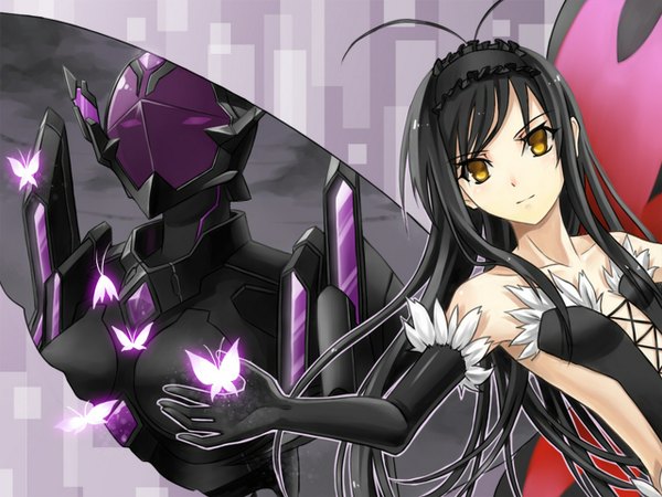 Anime picture 1280x960 with accel world sunrise (studio) kuroyukihime cross akiha single long hair looking at viewer breasts black hair bare shoulders yellow eyes ahoge flat chest lacing girl gloves black gloves elbow gloves hairband insect