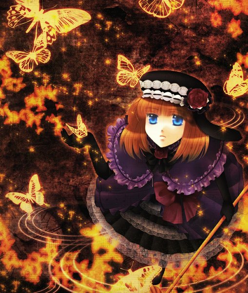 Anime picture 849x1000 with umineko no naku koro ni eva beatrice narita chika tall image looking at viewer short hair blue eyes brown hair girl dress gloves flower (flowers) hat elbow gloves rose (roses) insect butterfly