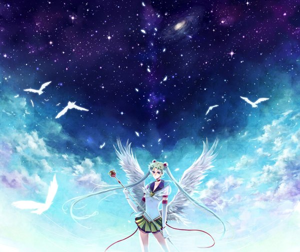Anime picture 1575x1328 with bishoujo senshi sailor moon toei animation tsukino usagi nako (nonrain) twintails sky cloud (clouds) very long hair space girl animal wings bird (birds) star (stars)