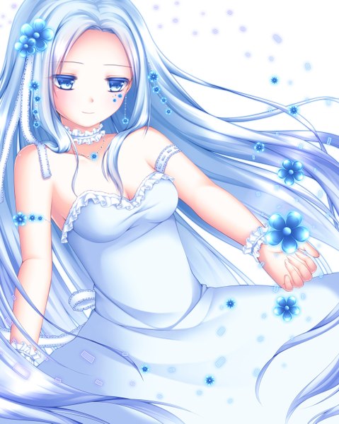 Anime picture 1100x1377 with original shitou single long hair tall image blue eyes simple background white hair girl dress hair ornament flower (flowers)