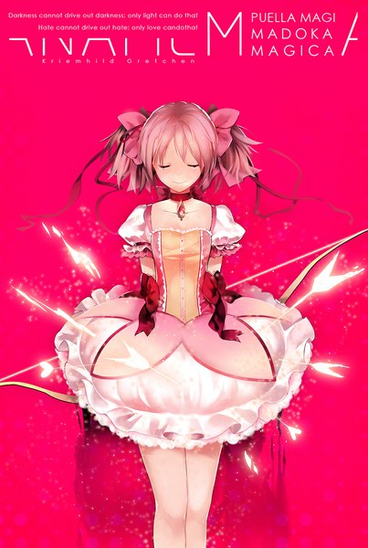Anime picture 800x1191 with mahou shoujo madoka magica shaft (studio) kaname madoka kaninnvven single tall image short hair simple background smile twintails pink hair eyes closed puffy sleeves copyright name character names text short twintails pink background english magical girl