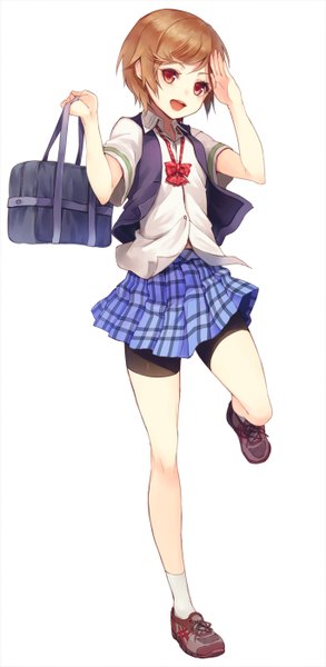 Anime picture 684x1400 with original paseri single tall image looking at viewer fringe short hair open mouth blonde hair simple background red eyes white background holding full body :d short sleeves plaid skirt happy salute girl