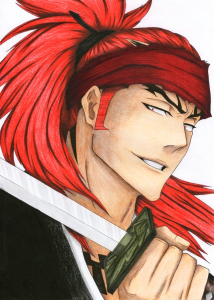 Anime picture 2468x3462 with bleach studio pierrot abarai renji single tall image highres short hair smile red eyes red hair tattoo boy weapon sword katana bandana