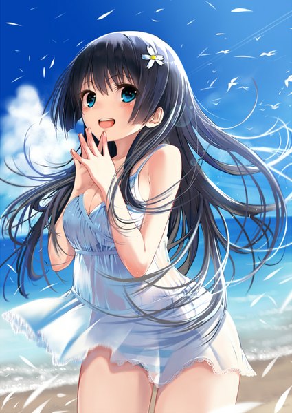 Anime picture 1036x1462 with to aru kagaku no railgun j.c. staff saten ruiko kawakami masaki single long hair tall image blush open mouth blue eyes light erotic black hair bare shoulders sky cloud (clouds) hair flower fingers together girl dress hair ornament